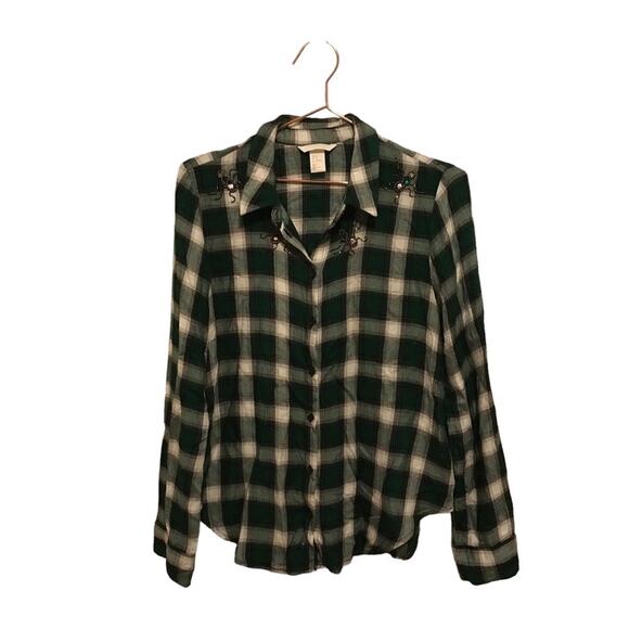 H&M plaid soft green flannel with big spider sequins on neckline - Picture 1 of 7